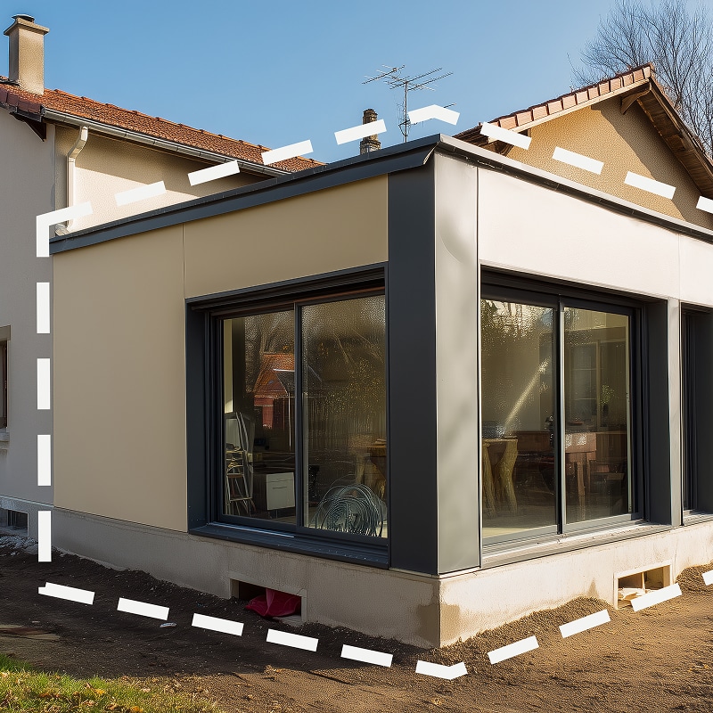 Extension de maison moderne beige et anthracite avec grandes baies vitrées, chantier extérieur marqué par des lignes pointillées au sol et au niveau du toit.