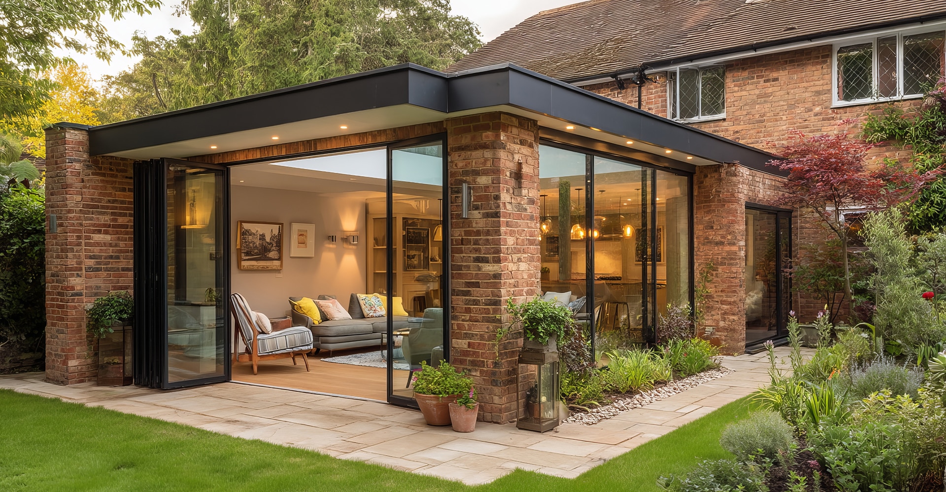 Agrandissement moderne en briques avec portes pliantes vitrées, ouvrant sur un patio dallé et une pelouse verdoyante.