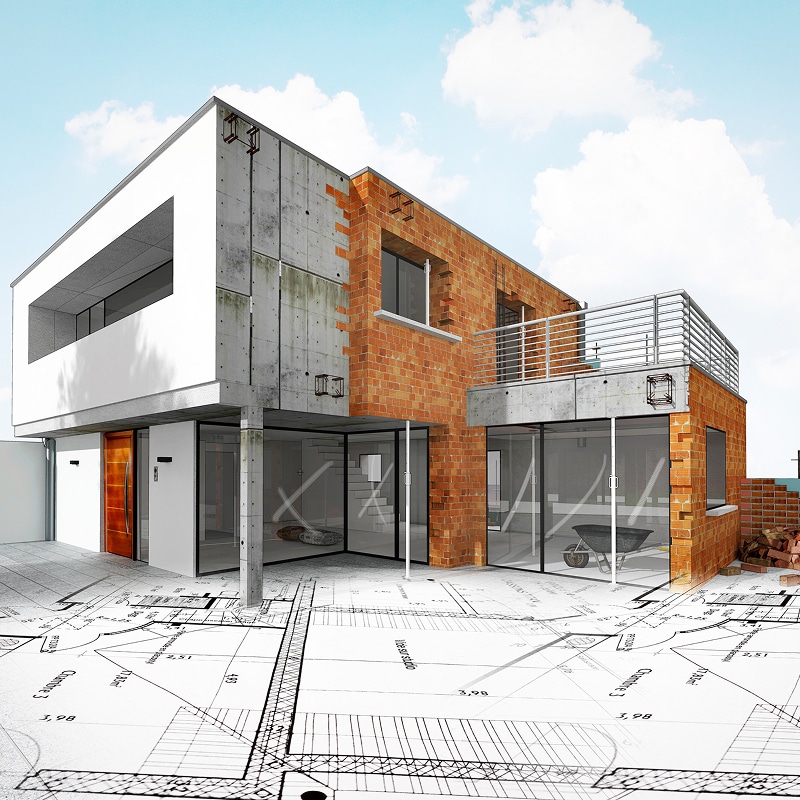Rendu 3D maison moderne brique/béton sur plan d'architecte, chantier mêlant construction et conception.