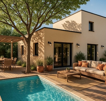 Villa moderne beige avec piscine, terrasse en bois, mobilier d'extérieur en rotin, sous un grand arbre ombragé.
