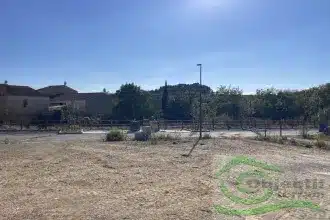 Terrain vague ensoleillé avec vue sur des maisons, arbres et un lampadaire, portant le logo Objectif terrains.
