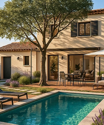 Superbe villa provençale avec piscine extérieure, terrasse en bois et grand olivier ombrageant la salle à manger d'été.