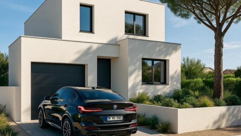 BMW X4 noir moderne garé sur une allée devant une maison blanche contemporaine avec un grand pin.
