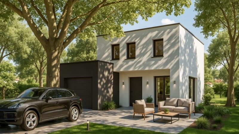 Maison moderne blanc et noir avec garage, mobilier de jardin et Porsche Cayenne garée sous de grands arbres feuillus.