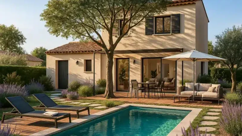 Villa provençale avec piscine extérieure, terrasse en bois, mobilier de jardin, chaises longues et grands oliviers par une journée ensoleillée.